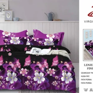 Lenjerie Pat Dublu din Finet, 6 Piese, cu Elastic, Flori/Fluturi-V8925