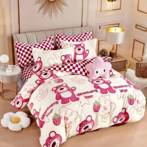 Lenjerie Pat Dublu din Finet 6 Piese, cu Elastic, Strawberry Bear-C6396