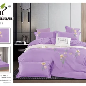Lenjerie Pat Dublu din Finet, 4 Piese, cu Elastic si Flori Brodate, Lila-P7482