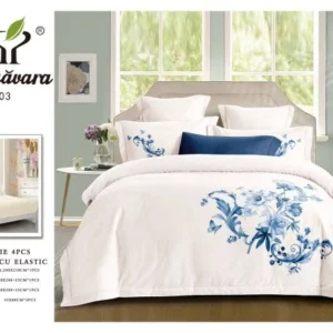 Lenjerie Pat Dublu din Finet, 4 Piese, cu Elastic, Model Elegant cu Flori, Crem-P9602