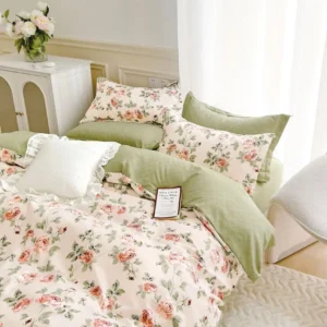 Lenjerie Pat Dublu din Finet, 6 Piese, Crem/Verde/Flori-C7893