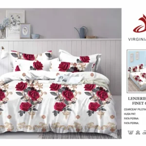 Lenjerie Pat Dublu din Finet, 6 Piese, cu Elastic, Trandafiri-V8912