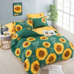 Lenjerie Pat Dublu din Finet, 6 Piese, cu Elastic, Verde/Flori-C8689