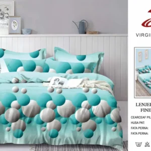 Lenjerie Pat Dublu din Finet, 6 Piese, cu Elastic, Turcoaz/Alb-V8927
