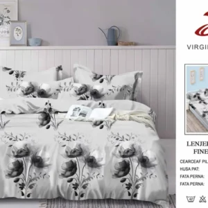 Lenjerie Pat Dublu din Finet, 6 Piese, cu Elastic, Gri/Flori-V8929
