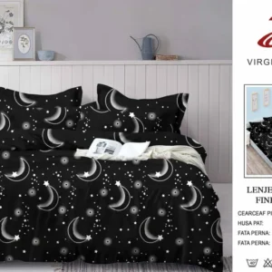 Lenjerie Pat Dublu din Finet, 6 Piese, cu Elastic, Luna/Stele-V8911