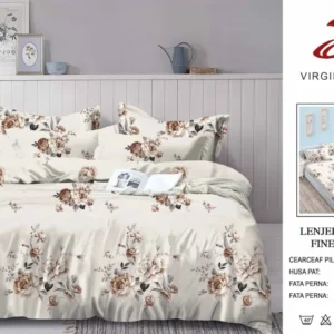 Lenjerie Pat Dublu din Finet, 6 Piese, cu Elastic, Bej/Flori-V8935