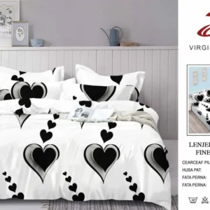 Lenjerie Pat Dublu din Finet, 6 Piese, cu Elastic, Inimi-V8937