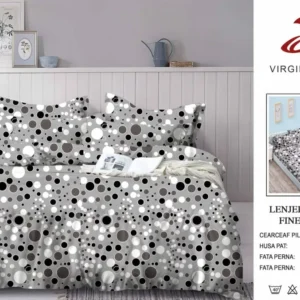 Lenjerie Pat Dublu din Finet, 6 Piese, cu Elastic, Gri/Cercuri-V8931