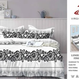 Lenjerie Pat Dublu din Finet, 6 Piese, cu Elastic, Trandafiri-V8922