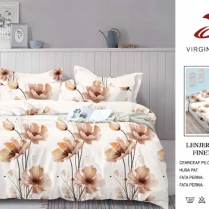 Lenjerie Pat Dublu din Finet, 6 Piese, cu Elastic, Bej/Flori-V8936
