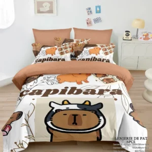 Lenjerie Pat Dublu din Finet Premium, 6 Piese, cu Elastic, Capibara-N8013