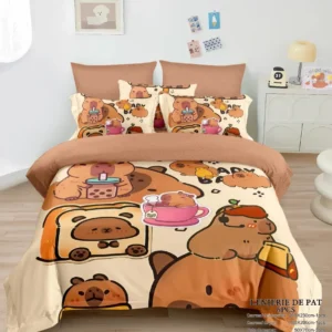 Lenjerie Pat Dublu din Finet Premium, 6 Piese, cu Elastic, Capybara-N8014