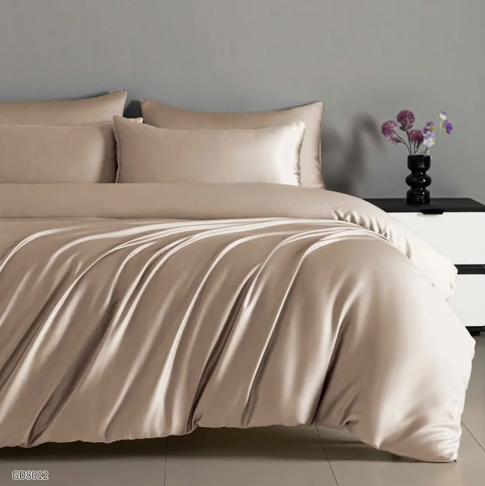 Lenjerie Pat Dublu din Satin Extra Fin, 4 Piese, cu Elastic, Bej Inchis-P8783