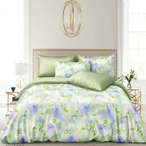 Lenjerie Pat Dublu din Satin Extra Fin, 4 Piese, cu Elastic, Floricele-P9925