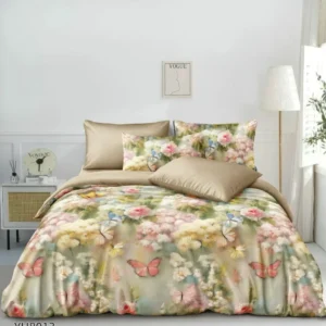 Lenjerie Pat Dublu din Satin Extra Fin, 4 Piese, cu Elastic, Flori/Fluturi-P9927