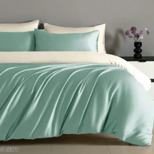 Lenjerie Pat Dublu din Satin Extra Fin, 4 Piese, cu Elastic, Vernil/Crem-P8787