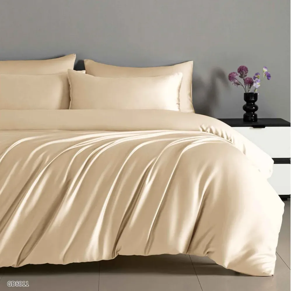 Lenjerie Pat Dublu din Satin Extra Fin, 4 Piese, cu Elastic, Bej Deschis-P8782