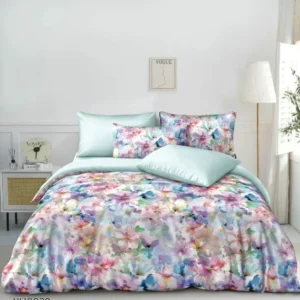 Lenjerie Pat Dublu din Satin Extra Fin, 4 Piese, cu Elastic, Floricele-P9923