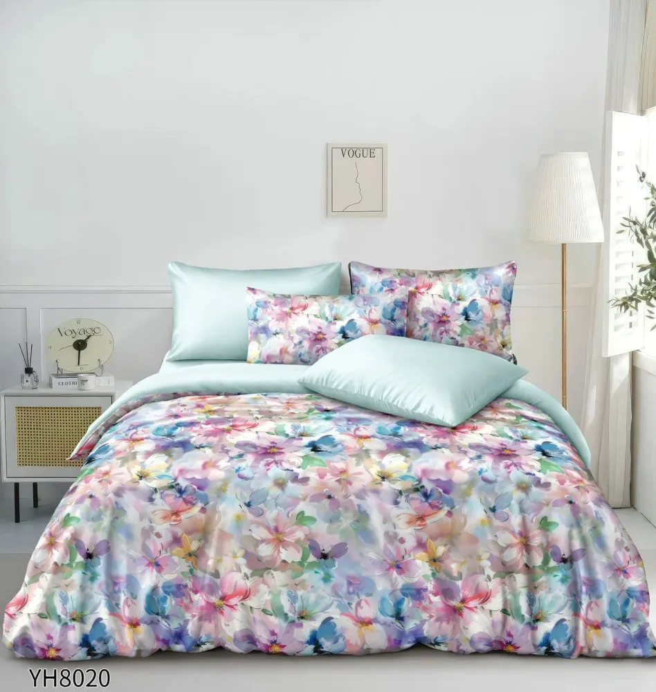 Lenjerie Pat Dublu din Satin Extra Fin, 4 Piese, cu Elastic, Floricele-P9923