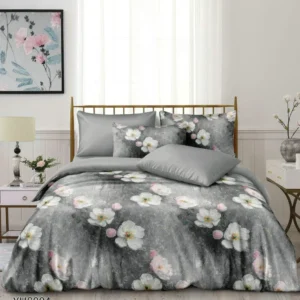Lenjerie Pat Dublu din Satin Extra Fin, 4 Piese, cu Elastic, Floricele-P9930