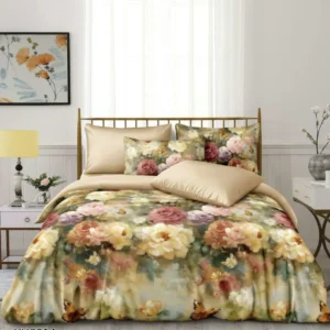 Lenjerie Pat Dublu din Satin Extra Fin, 4 Piese, cu Elastic, Floricele-P9934