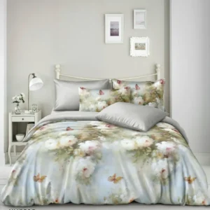 Lenjerie Pat Dublu din Satin Extra Fin, 4 Piese, cu Elastic, Floricele-P9938