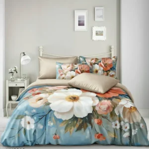 Lenjerie Pat Dublu din Satin Extra Fin, 4 Piese, cu Elastic, Floricele-P9935