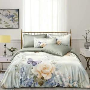 Lenjerie Pat Dublu din Satin Extra Fin, 4 Piese, cu Elastic, Floricele/Fluturi-P9936