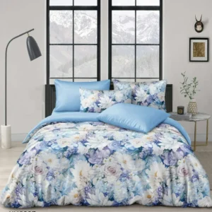Lenjerie Pat Dublu din Satin Extra Fin, 4 Piese, cu Elastic, Floricele-P9937