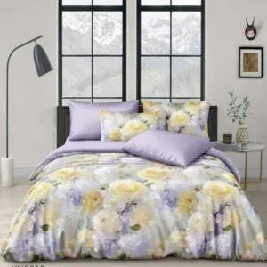 Lenjerie Pat Dublu din Satin Extra Fin, 4 Piese, cu Elastic, Floricele-P9940