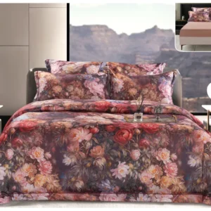 Lenjerie Pat Dublu din Satin de Lux, 6 Piese, cu Elastic, Floral Elegant-P8213