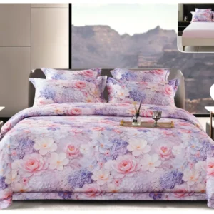 Lenjerie Pat Dublu din Satin de Lux, 6 Piese, cu Elastic, Floral Pastel-A8212