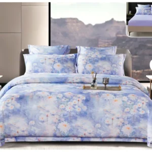 Lenjerie Pat Dublu din Satin de Lux, 6 Piese, cu Elastic, Bleu/Floral-P8214