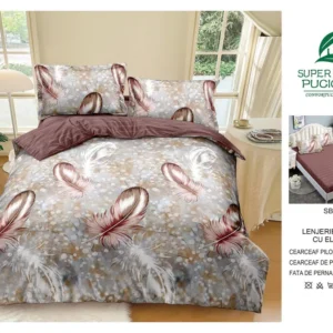 Lenjerie Pat Dublu cu Elastic din Bumbac Satinat Superior cu 4 Piese, Boho Feathers-V8739