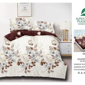Lenjerie Pat Dublu cu Elastic din Bumbac Satinat Superior cu 4 Piese, Beige Blossom-V8734