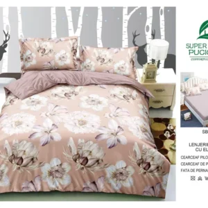 Lenjerie Pat Dublu cu Elastic din Bumbac Satinat Superior cu 4 Piese, Blush Floral-V8740