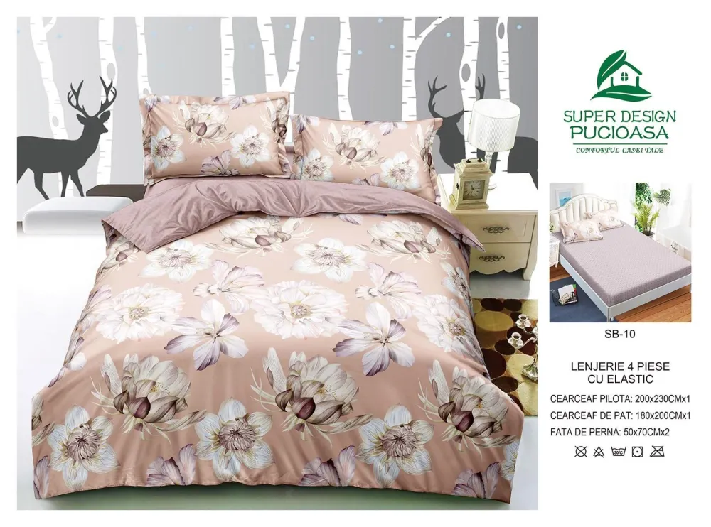 Lenjerie Pat Dublu cu Elastic din Bumbac Satinat Superior cu 4 Piese, Blush Floral-V8740