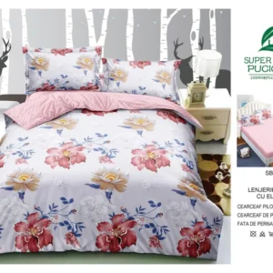 Lenjerie Pat Dublu cu Elastic din Bumbac Satinat Superior cu 4 Piese, Floricele-V8742
