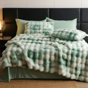 Lenjerie pat dublu, Pufoasa, din Blanita artificiala, 6 piese, Verde/Alb