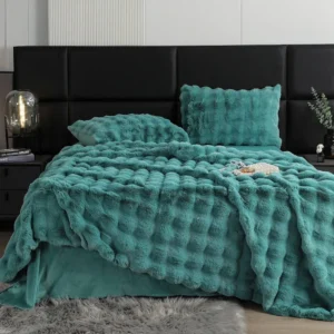 Lenjerie pat dublu, Pufoasa, din Blanita artificiala, 6 piese, Turcoaz