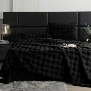 Lenjerie pat dublu, Pufoasa, din Blanita artificiala, 6 piese, Negru