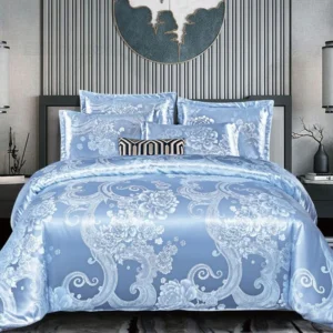 Lenjerie de pat Jacquard Premium De Lux, 6 Piese, Bleu/Flori-R10358