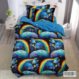 Lenjerie pat 1 Persoana, 4 PIESE, Bumbac Finet, Curcubeu Si Planete, Multicolor, Y60-160
