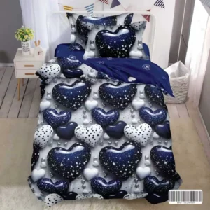 Lenjerie pat 1 Persoana, 4 PIESE, Bumbac Finet, Inimioare, Multicolor, Y60-151
