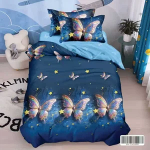 Lenjerie pat 1 Persoana, 4 PIESE, Bumbac Finet, Fluturi, Albastru/Bleu, Y60-158