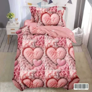 Lenjerie pat 1 Persoana, 4 PIESE, Bumbac Finet, Inimioare, Roz, Y60-155