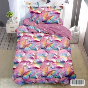 Lenjerie pat 1 Persoana, 4 PIESE, Bumbac Finet, Fluturi, Multicolor, Y60-150
