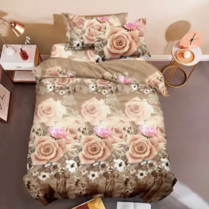 Lenjerie pat 1 Persoana, 4 PIESE, Bumbac Satinat, 3D, Model Floral, Crem BG-20