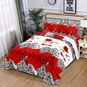 Lenjerie pat 1 Persoana, 4 PIESE, Bumbac Satinat, 3D, Model Floral, Rosu/Alb BG-09